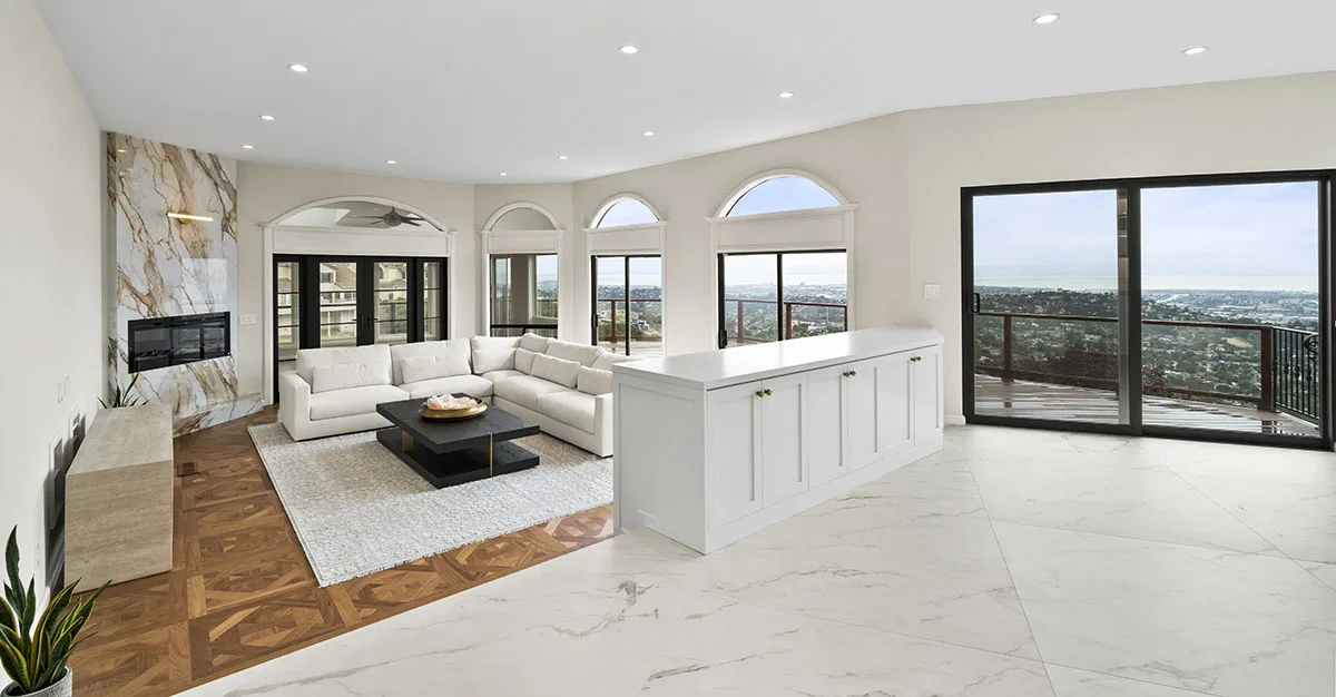 Open family room and great room with a bay view