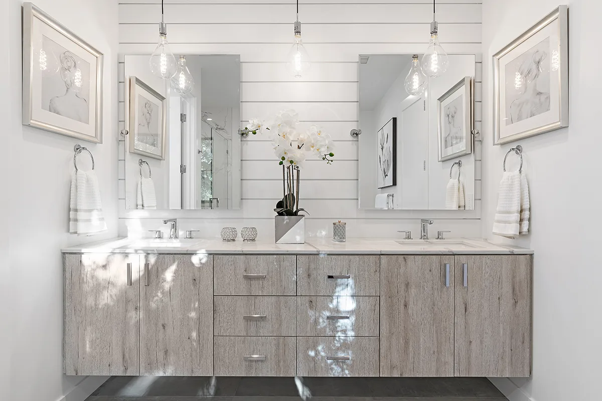 A new bathroom with a double vanity in San Carlos