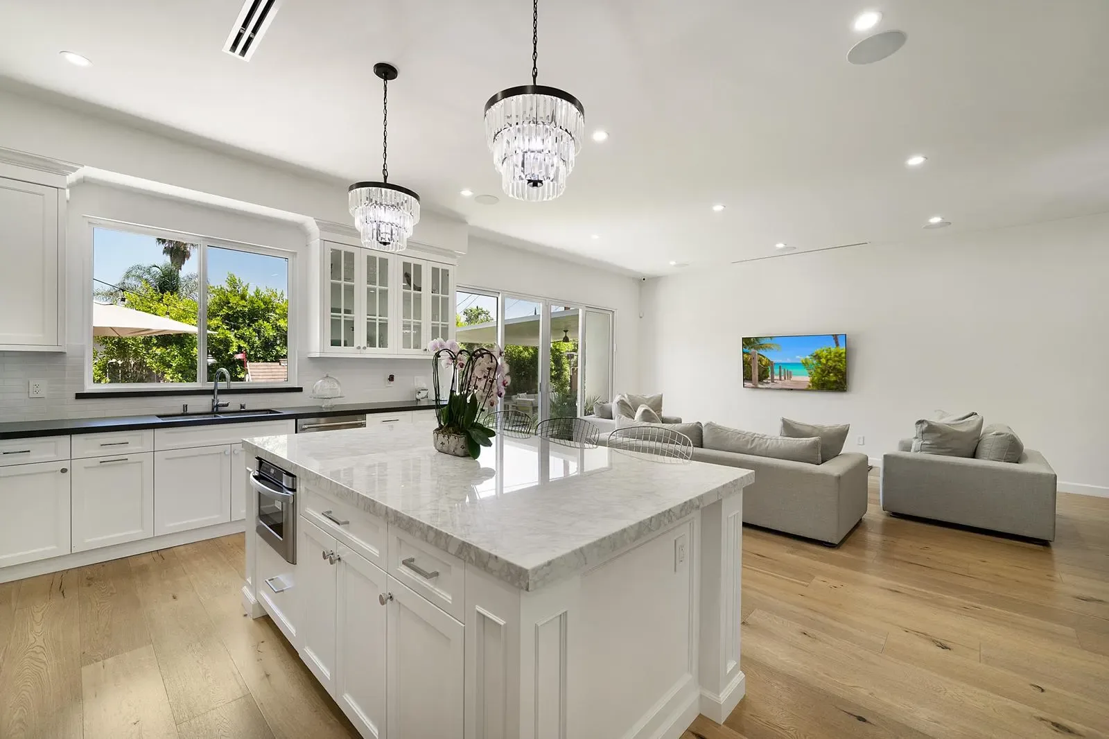Open kitchen and family room from the single-story rebuild