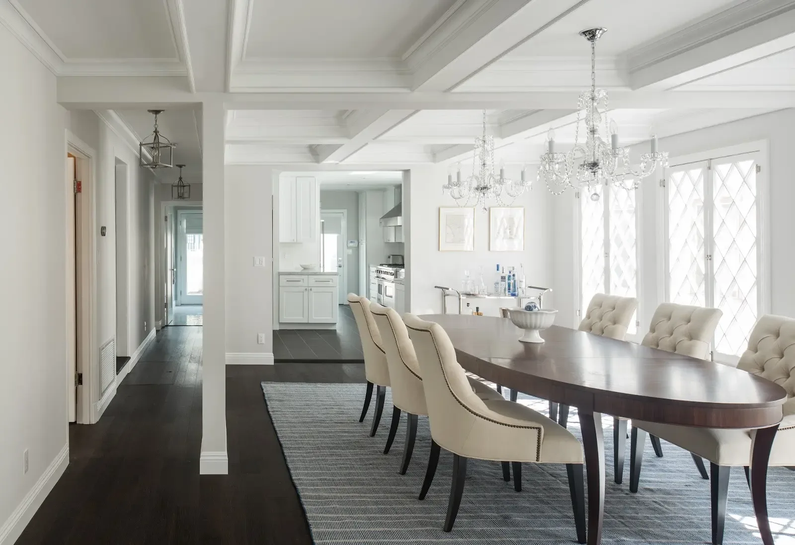 Formal dining room with coffered ceiling