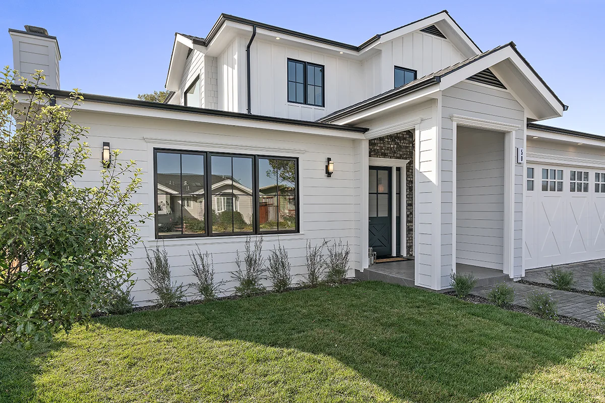 Front exterior of the completed San Carlos custom home by Bay Builders
