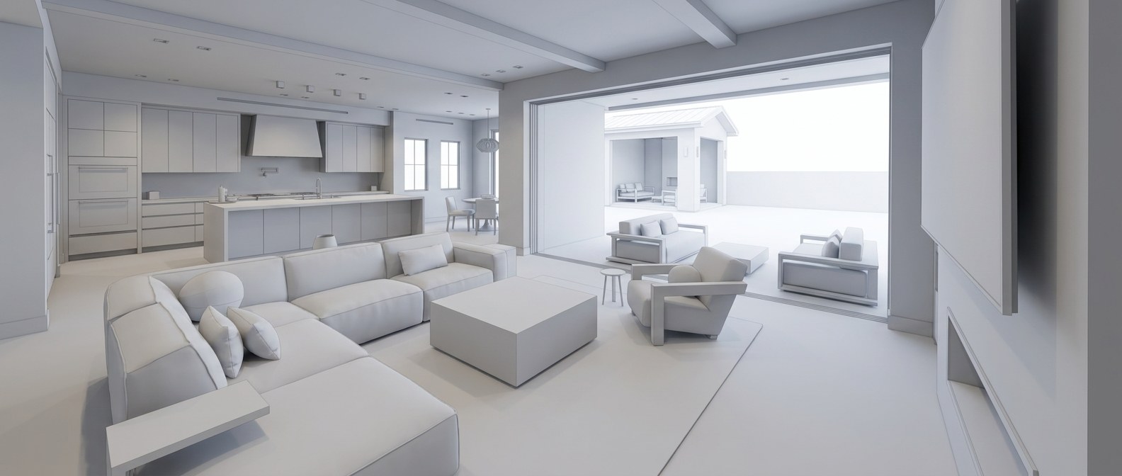 The same room as an untextured white 3D model