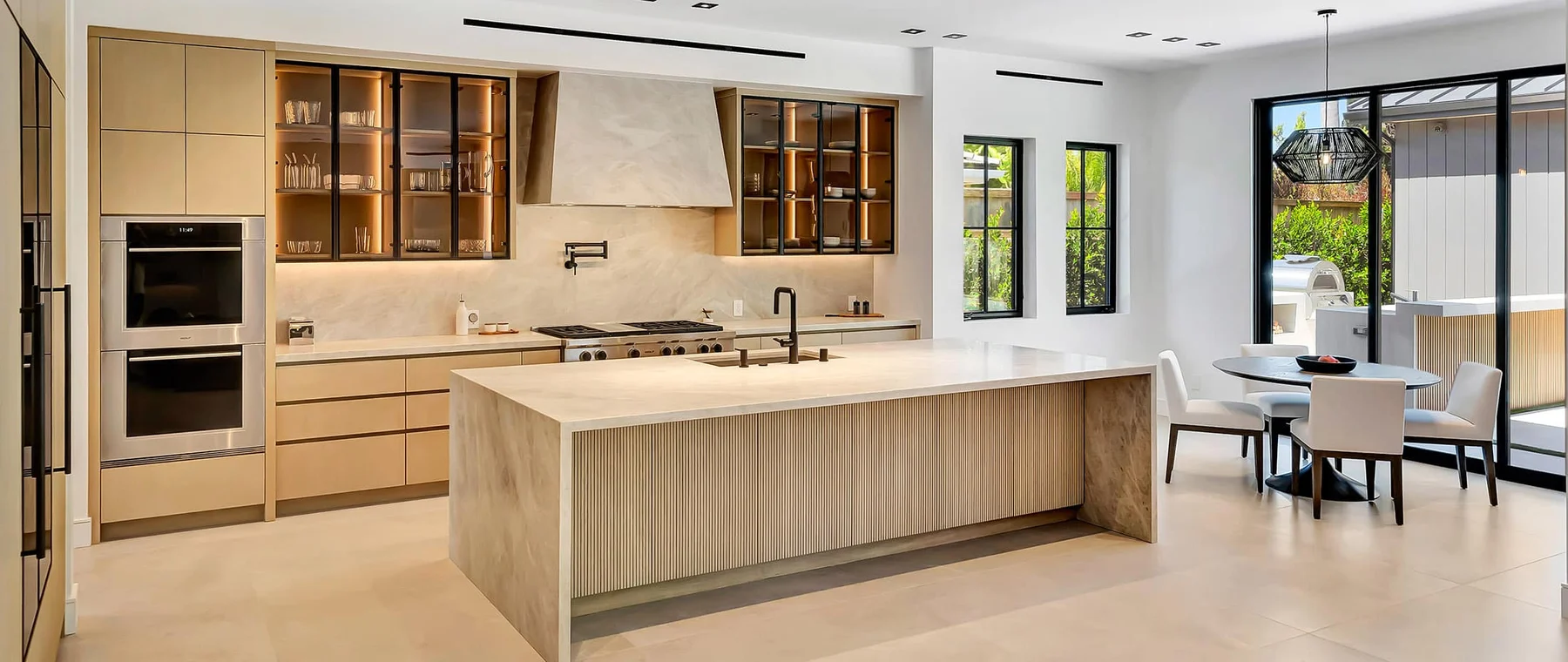 A wide view of a completed Bay Area kitchen remodel with a large island